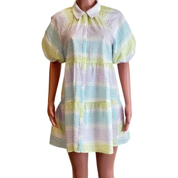 Saylor Tressie Mini Shirt Dress Womens M Seersucker Puff Sleeve Pastel Stripe - Picture 2 of 13
